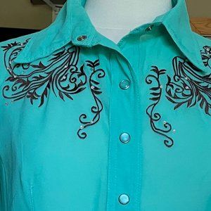 RODEO REBEL SHEER TURQUOISE RETRO WESTERN NWT SNAP SHIRT. M